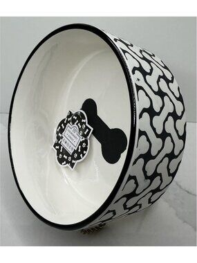 10 Strawberry Street Pet Bowl Black Bone Embossed Ceramic New